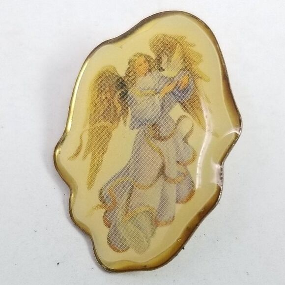 Vintage Guardian Angel Lapel Pin, Woman with Wings in Blue Dress Holding Dove - Picture 1 of 5